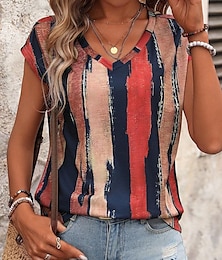 economico -Top Canottiera Femminile Strisce Stile Casual Maniche Corte V Collo Normale T-shirt Giornaliere Stampa Blu Estate