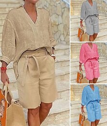 economico -Per donna Moda Streetwear Camicia Set di biancheria in cotone Set da due pezzi Shorts da Spiaggia Manica Corta Scollo a V Tinta unica Coulisse Abbigliamento quotidiano Data Blu Cachi Grigio Estate