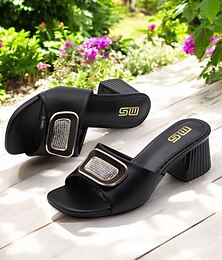 baratos -mules femininas pretas com fivela de strass e salto bloco – sandálias abertas e sem cadarço para uso elegante no verão e na noite