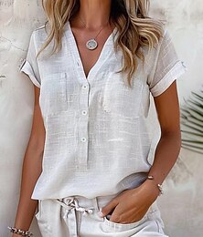 economico -Per donna Camicia Camicie di cotone e lino Abbottonare Blusa Tinta unica Essenziale Casual Manica Corta Scollo a V Top Regolari Quotidiano Tasca Nero Rosa Blu Arancione Grigio chiaro Estate Primavera