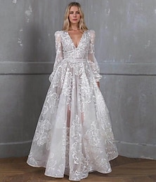 preiswerte -A-Linie Abendkleider Elegant Kleid Formal Hochzeit Boden-Länge Langarm V Ausschnitt Gürtel / Schärpe Spitze mit Stickerei 2025