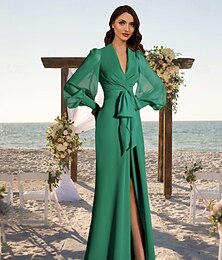 preiswerte -Meerjungfrau  Trompeten Abendkleid Elegantes Kleid Hochzeitsgast Bodenlang Langärmig V-Ausschnitt Herbst Hochzeitsgast Chiffon mit Schlitz Träger