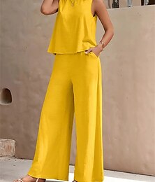 economico -Per donna Elegante Moda Streetwear Set da due pezzi Blusa Gilet Pantaloni Senza Maniche Girocollo Tinta unica All'aperto Lavoro Casuale Nero Giallo Blu marino scuro Estate Vestibilità regolare