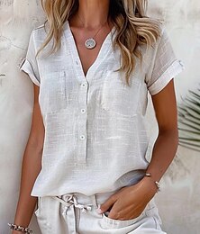 abordables -Mujer Camisa Camisas inspiradas en el lino Abotonar Blusa Color sólido Elegante Casual Manga Corta Escote en Pico Tops regulares Diario Botones Bolsillo Negro Blanco Rosa Caqui Azul claro Verano