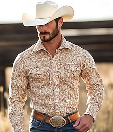olcso -Férfi Virágminta Nyugati ing Gombos póló Cowboy ing Hosszú ujj Nyugati Vintage Retro Szabadtéri Hétköznapi Nyár Tavasz Ősz Térfogatcsökkenés galléros ingek Elöl két zseb Khakizöld