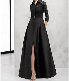 economico -Abito madre della sposa a linea A per invitata al matrimonio elegante vintage colletto a camicia lungo fino al pavimento in satin pizzo maniche 3/4 con cintura  nastro spacco frontale misura
