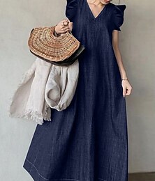 preiswerte -Damen kleid lang Jeanskleider Boho Chic Kleider Böhmen Vintage Stilvoll Urlaub Casual Täglich Lockere Passform Glatt Ärmellos V Ausschnitt Schwarz Marineblau Blau Sommer Frühling