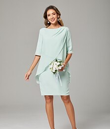 abordables -Robe de mère de la mariée fourreau  colonne élégante décolleté ras du cou longueur genoux en chiffon manches courtes avec perles ruchés robe midi