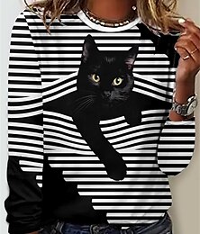 abordables -Mujer Camiseta Gato A Rayas Casual Manga Larga Cuello Barco Tops regulares Diario Estampado Negro Verde Trébol Primavera Otoño MAO