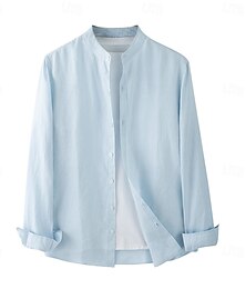 abordables -Hombre Camisa Camisa de lino Blanco Gris Ligero Azul claro Manga Larga Color sólido Cuello Mao Escuela Formal Botones Ropa Elegante Vacaciones Vintage Neutral