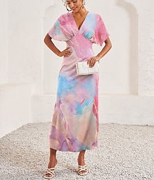abordables -Femmes Robe Midi Robe fourreau Élégant Manche Évasée Vacances Occasionnel Date Coupe régulière A Ombre Manche Courte Col en V Rose Claire Été