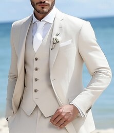abordables -Costumes de plage en lin pour hommes beige mode formelle d'été ajustement standard 3 pièces à double boutonnage