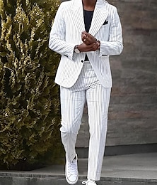 economico -Per uomo Laurea Set Blazer Affari Cocktail party Ricevimento di matrimonio Moda Casual Estate Primavera Poliestere A righe Bottoni Tasca Confortevole Monopetto Giacca Bianco