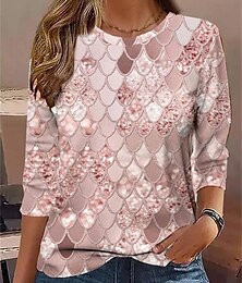 abordables -Mujer Camiseta Geométrico Casual Manga Larga Cuello Barco Tops regulares Diario Estampado Rosa Primavera Otoño