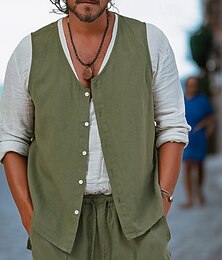 halpa -Miesten pellava paita Hihaton Liivi Hihaton Nappi Kesä Yhtenäinen väri Tavallinen Muoti Klassinen Mukava Katu Kausaliteetti Urheilu Tumman keltainen Musta Vaalean vihreä Top T-paita miehille