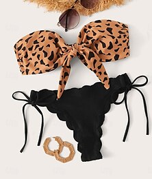 abordables -Femme Maillots de Bain Bikinis 2 pièces Tanga Maillot de bain Dos Nu Mince Vacances Tenues de plage Léopard Sans Bretelles Sans Manches Maillots de bain
