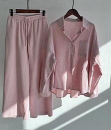abordables -Femme Mode Vêtement de rue Chemise Ensembles de pantalons Pantalon en lin Pantalon manche longue Col de Chemise Couleur unie Cordon Usage quotidien Rendez-vous Rose Claire Kaki Gris Printemps Standard