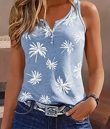 economico -Top Canottiera Femminile Floreale Casual Senza Maniche Collo Intagliato Normale T-shirt Giornaliere Bottoni Stampa Blu Estate