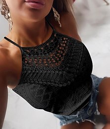 economico -Top Canottiera Femminile Nera Bianca Gialla Monocromatica  Piana Colorata Pizzo Forato Giornaliere Collo Halter Vestibilità Normale S