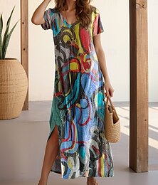 abordables -Femmes Robe maxi Robe Décontractée Robe trapèze Élégant Occasionnel Vacances Quotidien Coupe régulière Géométrique Manche Courte Col en V Colourful Été Printemps