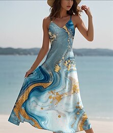 ieftine -Pentru femei Rochie Maxi Rochie casual Rochie A line Rochie Slip Elegant Vacanță Stilat Zilnic Fit regulat Ombre Abstract Imprimare de marmură Fără manșon În V Maroniu Albastru regal Albastru piscin
