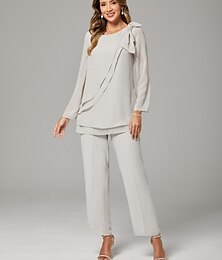 levne -Dvoudílný overal  kalhotový oblek pro matku nevěsty elegantní plus size výstřih z drahých kamenů dlouhé po podlahu chiffon s dlouhým rukávem a mašlí volány