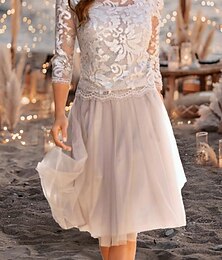 economico -Abito A-Line Madre della Sposa Abito da Sposa Elegante Trasparente Collo a Giro Knee Length Chiffon Pizzo Tulle Maniche a 3/4 con Plissettature Applicazioni Midi Dress 2025