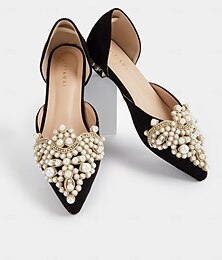 baratos -sapatilhas de bico fino de cetim preto para mulheres com enfeites de pérolas e cristais – sapatilhas elegantes para noivas e eventos especiais