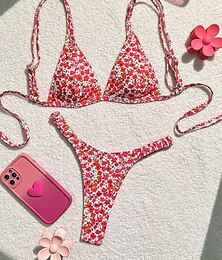 billige -Dame Badetøy Bikini 2 stk G-streng Badedrakt Åpen rygg Tynn Ferie Strand Klær Blomstret V-hals Ermeløs Badedrakter