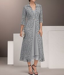 levne -Dvoudílné šaty matky nevěsty elegantní vintage košilový límec čajová délka chiffon 3/4 rukáv květinová krajková bunda šaty