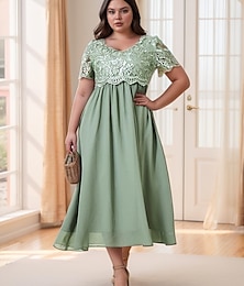 economico -Abito cocktail da matrimonio plus size da donna abito maxi contrasto di pizzo festa elegante formale scollatura a V manica corta rosa verde grigio