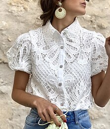economico -Per donna Blusa Occhiello in alto Top in pizzo Liscio Giornaliero Moda Essenziale Manica corta Colletto Top regolari Ufficio Giornaliero Per eventi Traforato Bottoni Bianco Rosa Primavera Autunno