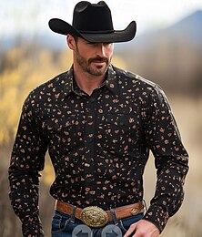 billiga -Herr Blomtryck Blommor Västerländsk skjorta Knapp upp skjorta Cowboyskjorta Långärmad Västra Vintage retro Utomhus Ledigt Vår Höst Nedvikt krage skjortor Främre två fickor Svart
