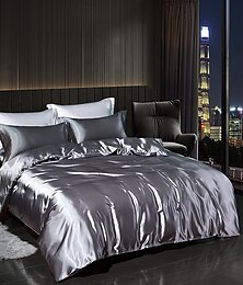 voordelige -4 Stukken Satijnen Zijde Bedlinnen Set Met Hoeslakens Duvet Covers Sets Zomer Effen Kleur Comforters Hoezen Met 2 Kussenslopen