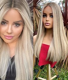 preiswerte -100 % unbehandeltes Remy-Menschenhaar, aschblonde Perücke mit Ombre-Highlights, ohne Klebstoff, 5 x 5 Verschluss, Perücken mit glattem Knochen, 13 x 4 Lace-Front-Perücke mit vorgezupftem Babyhaar für