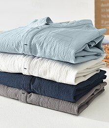 economico -Per uomo camicia di lino Camicia con colletto a fascia Camicia estiva Abbigliamento mare Liscio Informale Giornaliero Bianco Blu reale Blu Grigio Manica corta Colletto alla coreana Estate