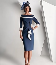 abordables -Robe Mère de la Mariée  Robe Colonne Élégante Vintage Simple Sans Épaules Longueur Thé Crêpe Manches 3/4 Veste Robes avec Ruffles Robe de Jour de Course en Color Block