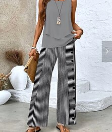 abordables -Ensembles de mode femmes 2 pièces débardeur et pantalon sans manches col carré à rayures imprimé superposé décontracté quotidien gris été coupe régulière