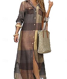 abordables -Femme Robe Maxi Robe chemise Robe casual mode basique Décontractées Vacances du quotidien Ample Graphic manche longue Col de Chemise Vin Rouge Bleu Kaki Printemps Automne