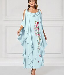 abordables -Robe Colonne Florale Bleue Robe de Mère de la Mariée Élégante Taille Plus Col Rond Longueur D'Ambiance Chiffon Manches Mi-Longues avec Perles Tier en Dentelle Volants Cascadants 2025