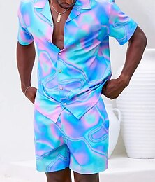abordables -Hombre Patrón de bloques de color 2 piezas Conjuntos de camisas Camisa Manga Corta Pantalones cortos Collar Cubano Vacaciones Casual / Diario Fiesta Casual Diario Impresión 3D Verano Rojo rubí
