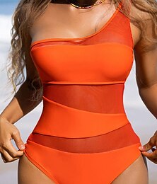 baratos -Mulheres Roupa de Banho Uma pedaço roupa de banho Com Transparência Compressão abdominal Cintura Alta Delgado Assimétrico Férias Roupa de Praia Côr Sólida Pescoço Assimétrico Sem Manga Fatos de banho