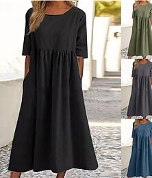 economico -Per donna Abito Midi Abiti ispirati al lino Vestito Casual Abito in cotone e lino Abito a trapezio Elegante Casual Vacanza Quotidiano Data Vestibilità regolare Semplice Manica Corta Girocollo Nero