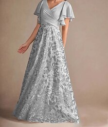 abordables -Robe de la mère de la mariée A-Line Élégante Vintage Simple Col en V Longueur de Sol Chiffon Volants Manches Courtes avec Dentelle Fleurie Paillettes
