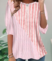 abordables -Mujer Camiseta Graphic A Rayas Elegante Vintage Moda Manga Larga Cuello Barco Tops regulares Diario Noche Fin de semana Estampado Rosa Verano Primavera