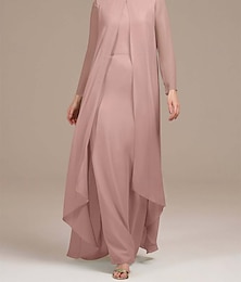 abordables -Robe à Deux Pièces pour Mère de la Mariée Élégante Vintage Simple Col Bateau Longueur Sol Chiffon Manches Longues Vestes Robes en Couleur Unie
