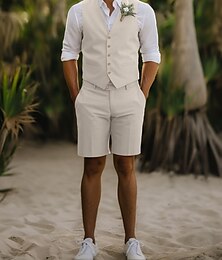 economico -Abiti da matrimonio da uomo in lino con gilet e pantaloni corti beige moda casual estiva a tinta unita taglio standard 2 pezzi