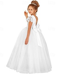 economico -vestito da damigella d'onore, vestito in pizzo per bambine, abito formale, abito da principessa, abito da prima comunione, spettacolo, festa di nozze, elegante, bellissimo pizzo, rete, tinta unita, manica corta, girocollo, rosa chiaro, bianco 4