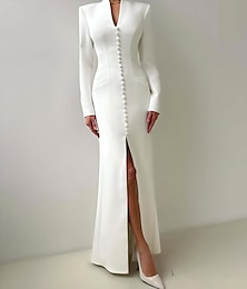 economico -A sirena Abito da cerimonia per signora Invitati del matrimonio Elegante Alta spaccatura A V Lungo Crêpe Manica lunga con Bottoni 2025