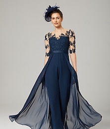 abordables -Combination  Pantalon Mère de la Mariée  Invité de Mariage Formelle Élégante Soirée Échancrée Longueur Cheville Chiffon Dentelle Manches 3/4 avec Appliqués